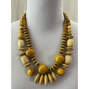Vintage Big Yellow Clay Beads & Natural Wooden Big Beaded Necklace - Set of Two